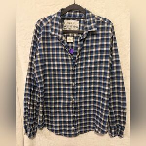 Frank & Eileen Top Womens Large Italian Flannel Blue Gray Plaid Long Sleeve Soft